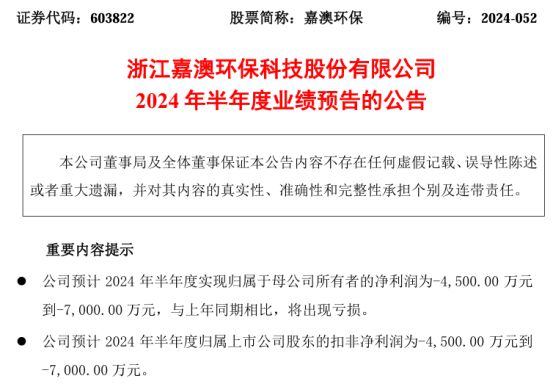 嘉澳环保2024年上半年预计亏损4500万-7000万产品销售价格持续走低(图1)