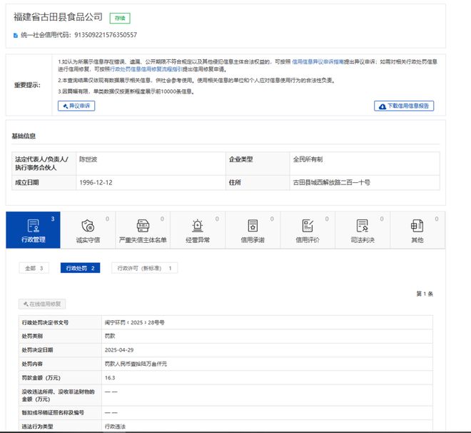 福建省古田县食品公司因环保问题被罚163万元(图1)