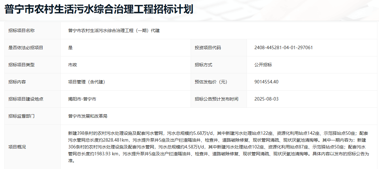 约9亿！广业环保联合体中标普宁市农村生活污水综合治理工程(第一阶段)EPC+O总承包(图2)